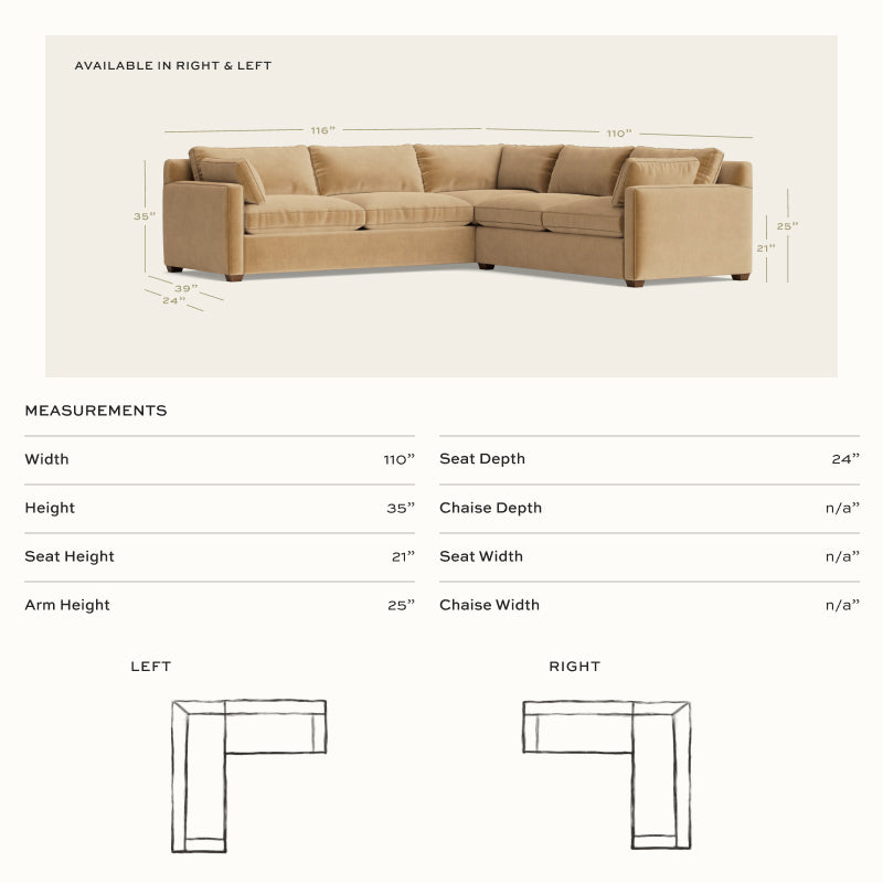 Laurel Velvet sectional measurement diagram, left and right layouts, 110 W x 35 H, 24 inch seat depth, made in USA