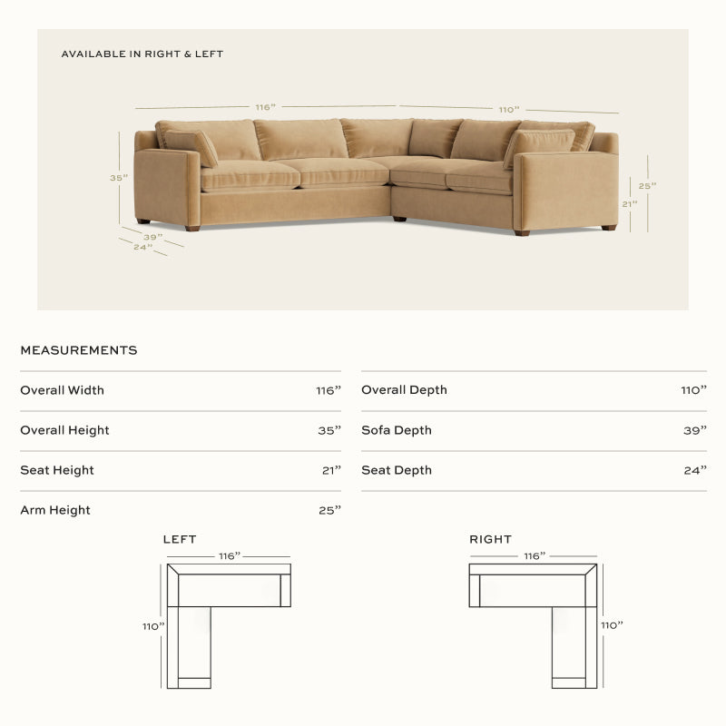 Laurel Velvet sectional measurement diagram, left and right layouts, 110 W x 35 H, 24 inch seat depth, made in USA