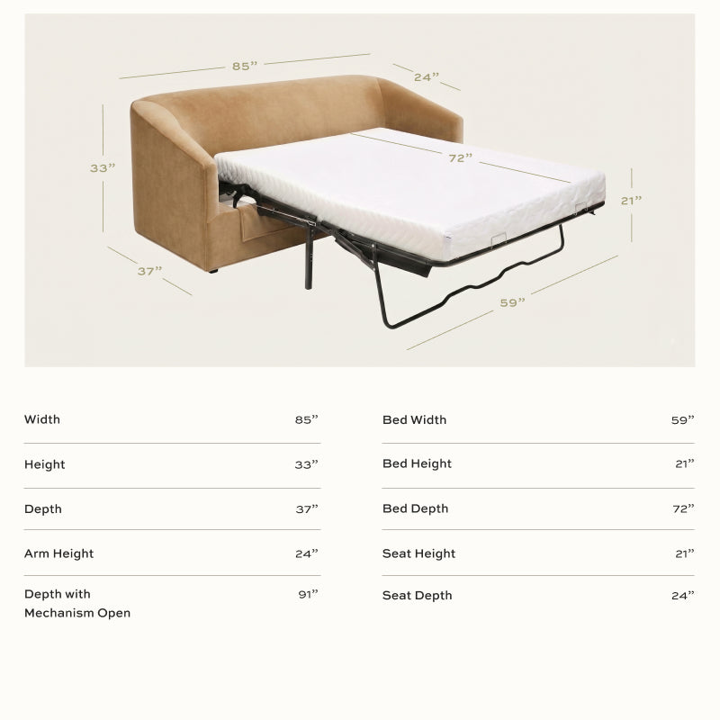 Lucie Clay sleeper sofa in soft clay fabric with pull-out bed, made-to-order, short lead times, manufactured in the USA