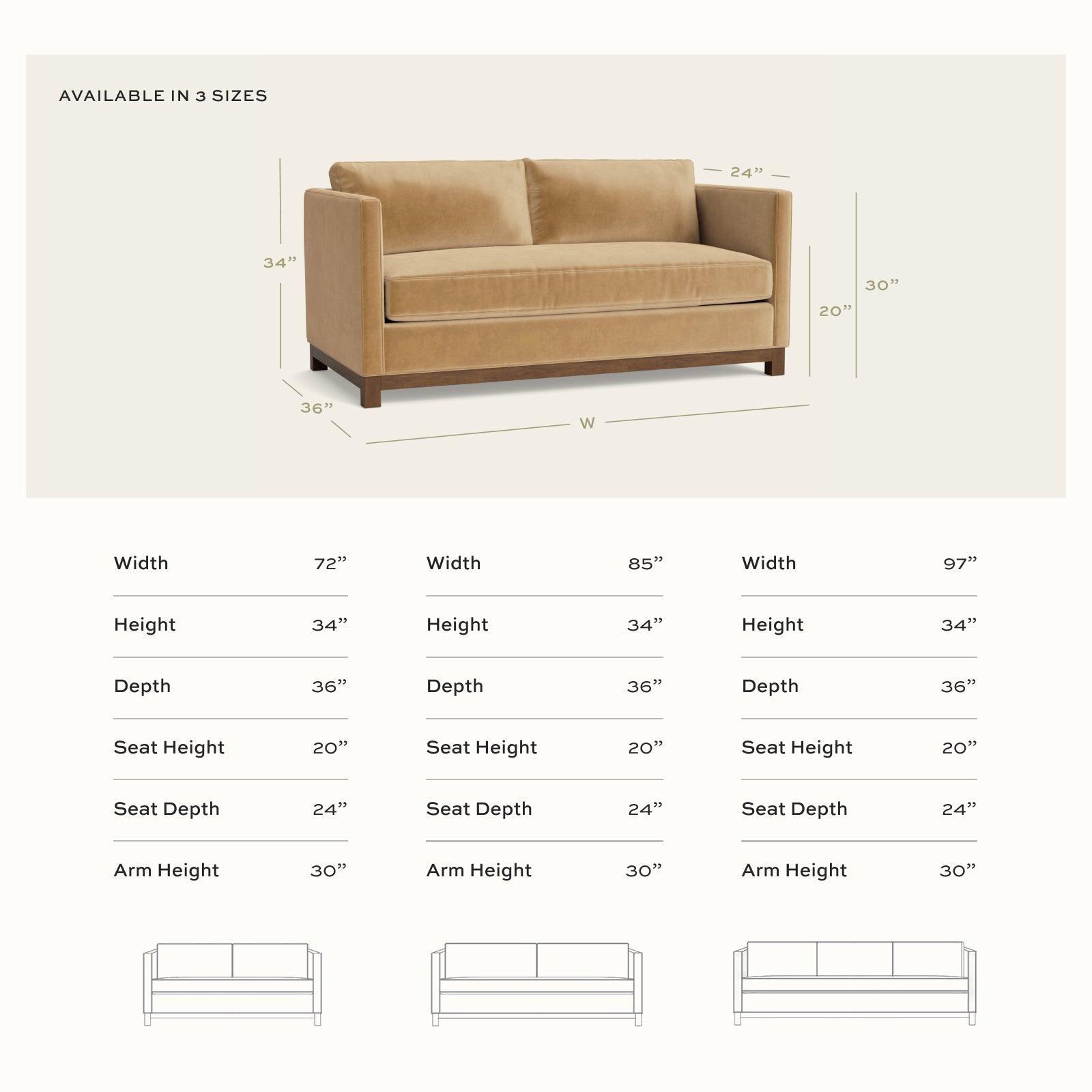 Louisa Camel sofa size chart with three width options, made-to-order with short lead times, manufactured in the USA.