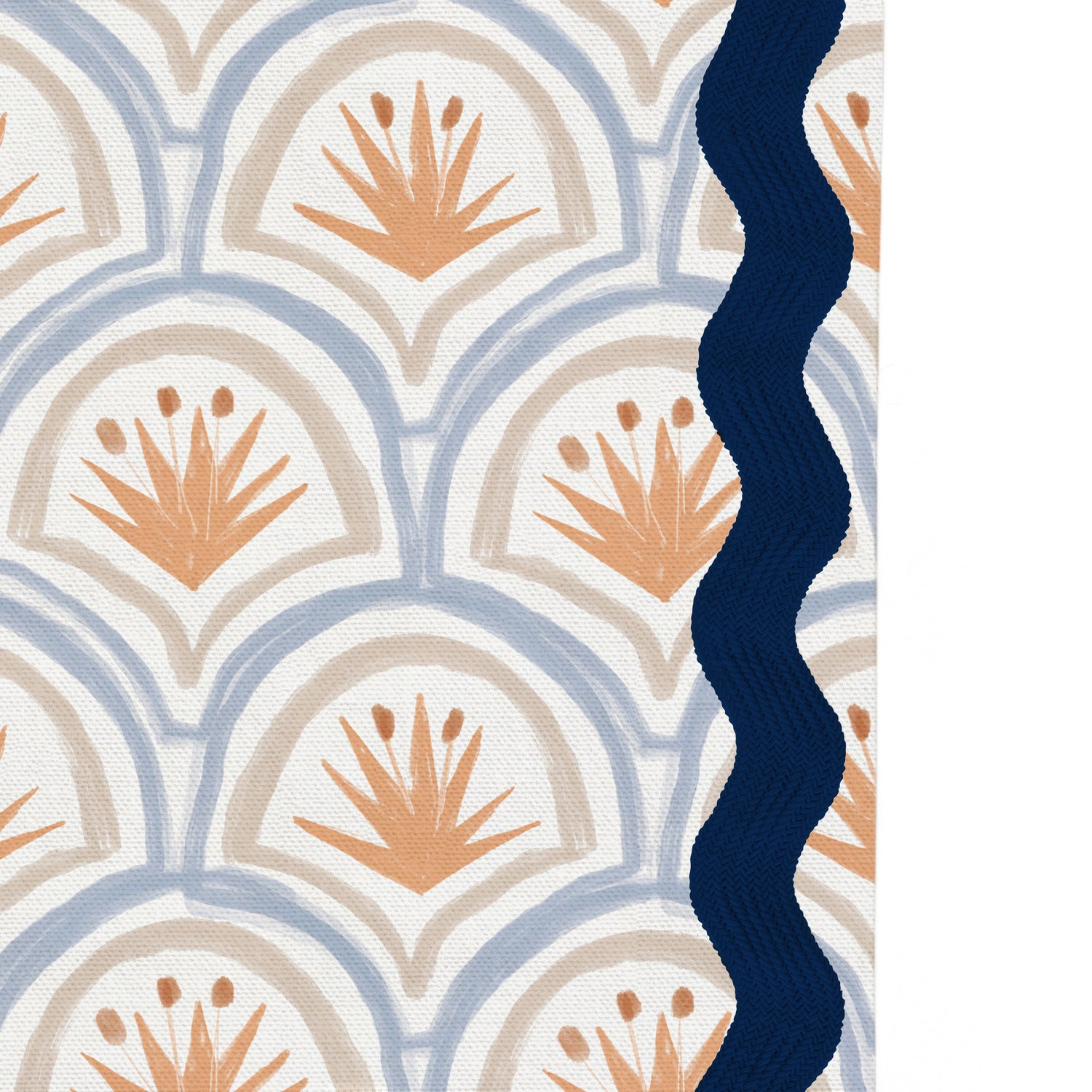 Upclose picture of Thatcher Apricot custom Art Deco Palm Patternshower curtain with midnight rick rack trim