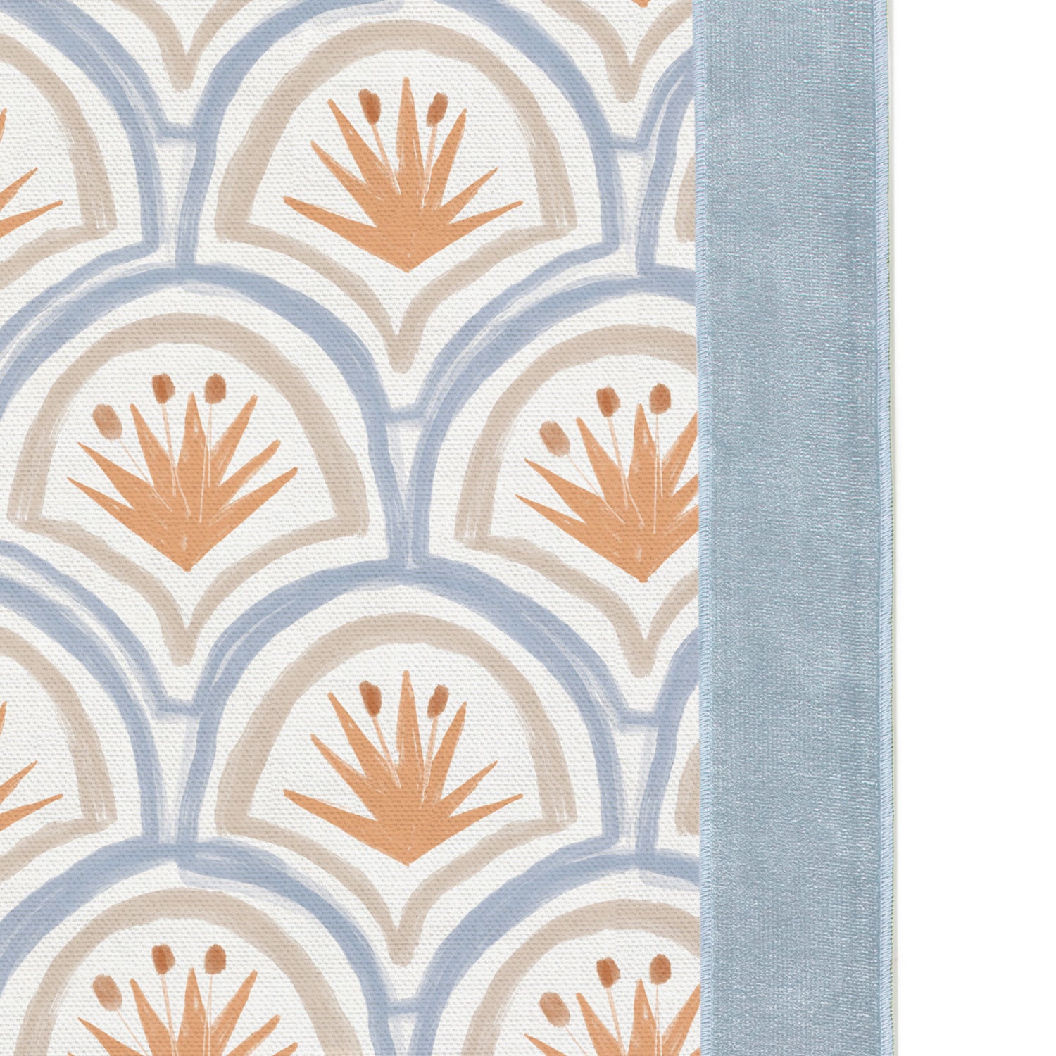Upclose picture of Thatcher Apricot custom Art Deco Palm Patternshower curtain with sky velvet band trim
