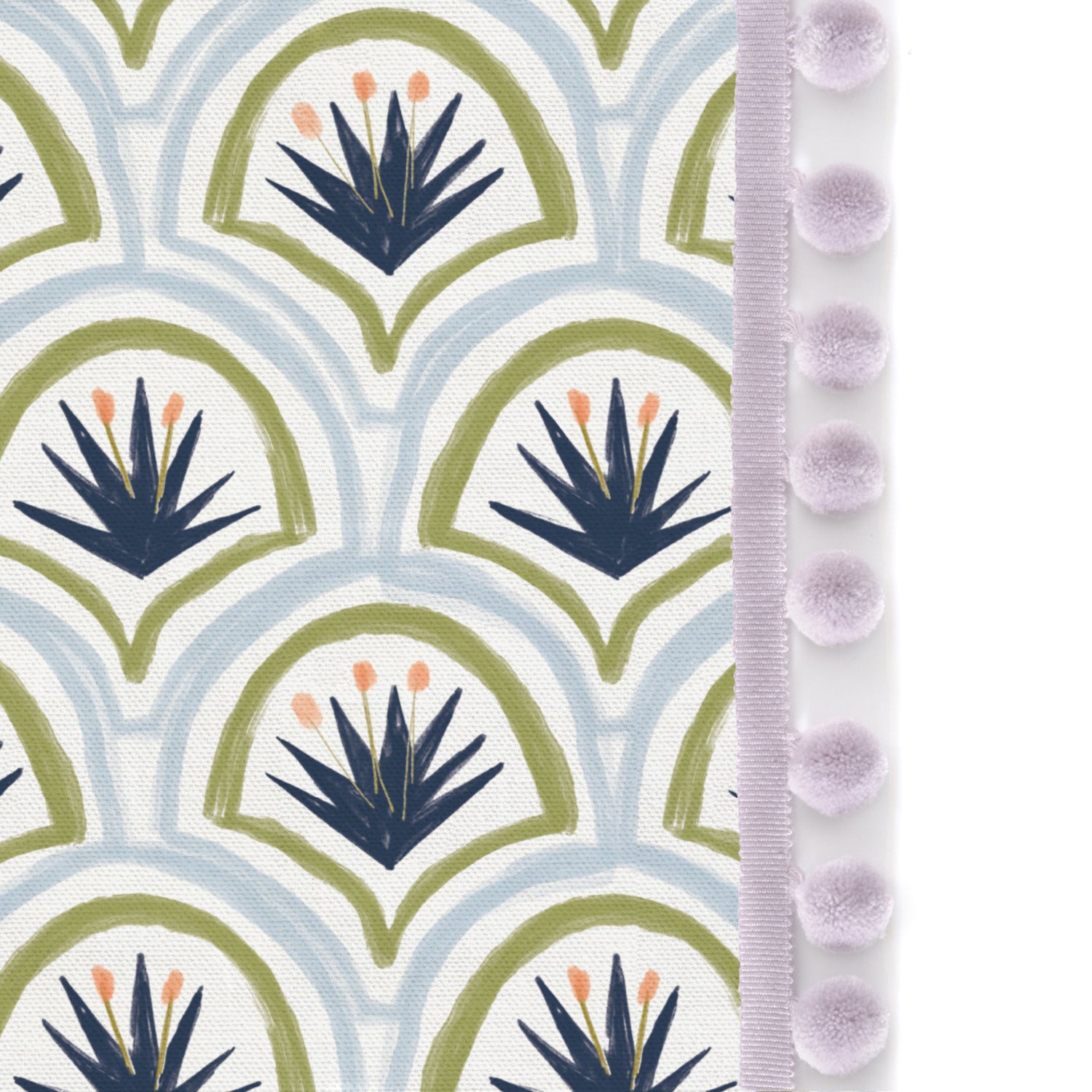 Upclose picture of Thatcher Midnight custom Art Deco Palm Patterncurtain with lilac pom pom trim
