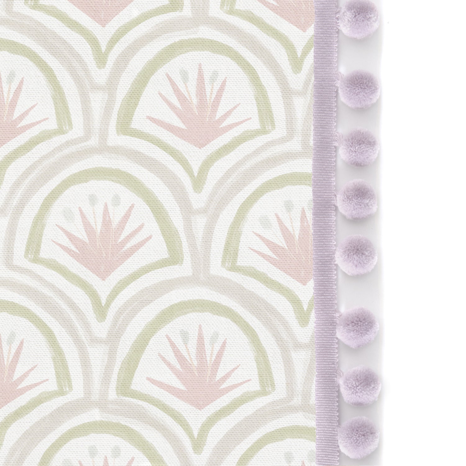 Upclose picture of Thatcher Rose Ring Top custom curtain with lilac pom pom trim