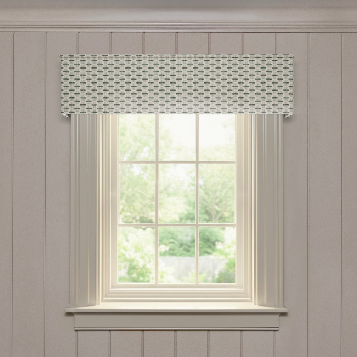 Willow Mint Classic tailored valance in soft textured fabric with subtle green pattern, a quality fast custom window treatment