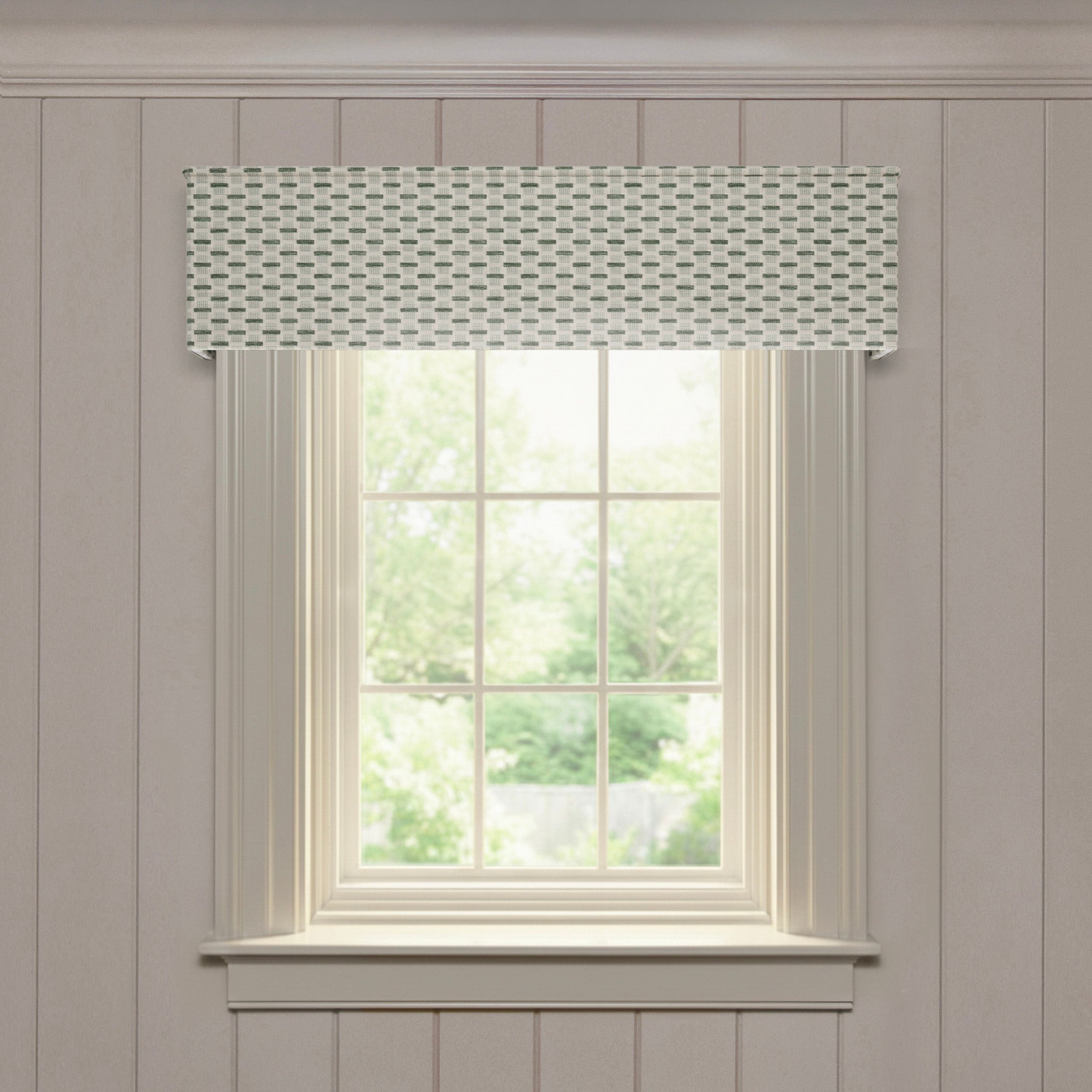 Willow Mint Classic tailored valance in soft textured fabric with subtle green pattern, a quality fast custom window treatment