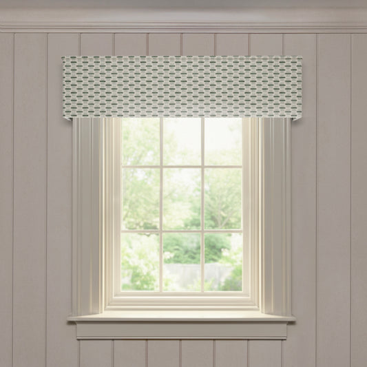 Willow Mint Classic tailored valance in soft textured fabric with subtle green pattern, a quality fast custom window treatment