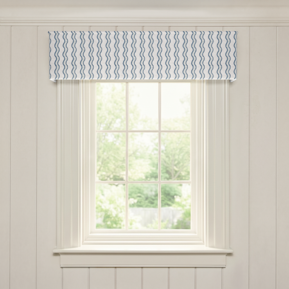 Beatrice Classic blue wavy patterned window valance made to order in the USA with short lead times