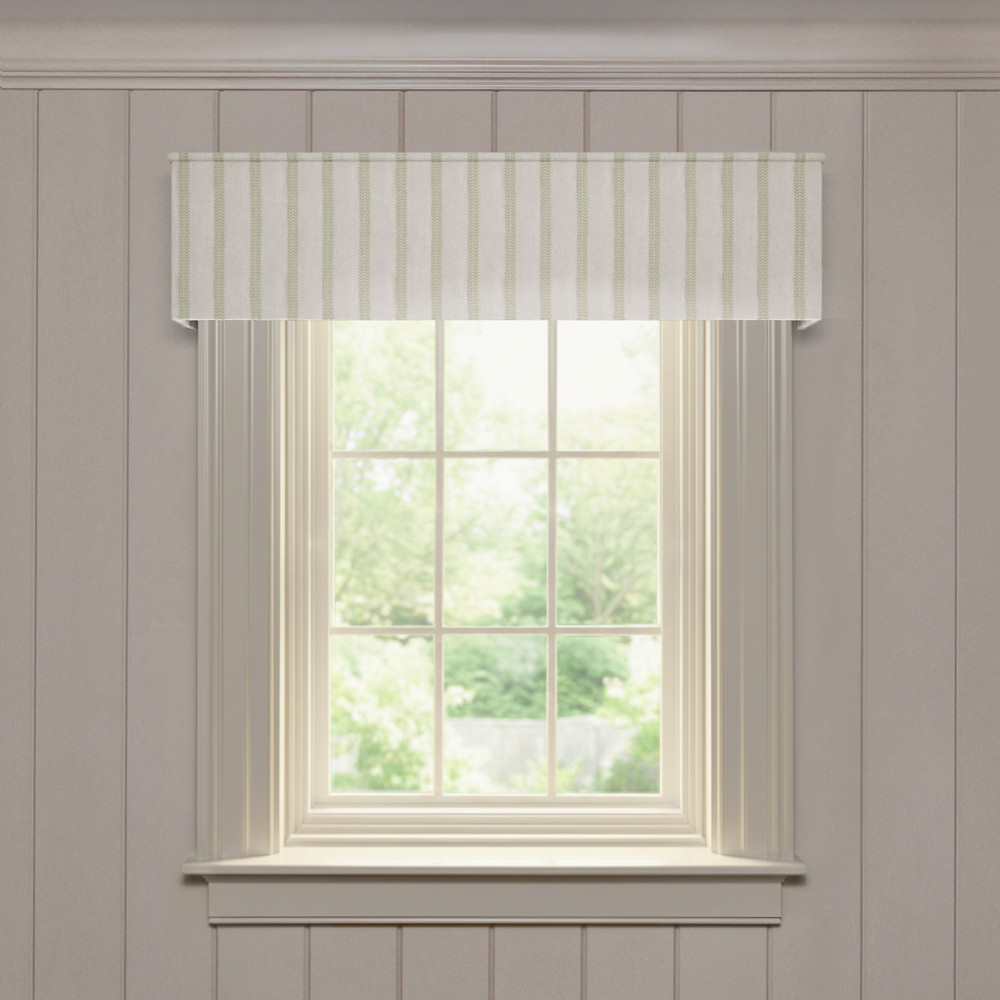Vivienne Classic tailored valance in soft pistachio stripes, crafted for a fast, quality made-to-order window treatment