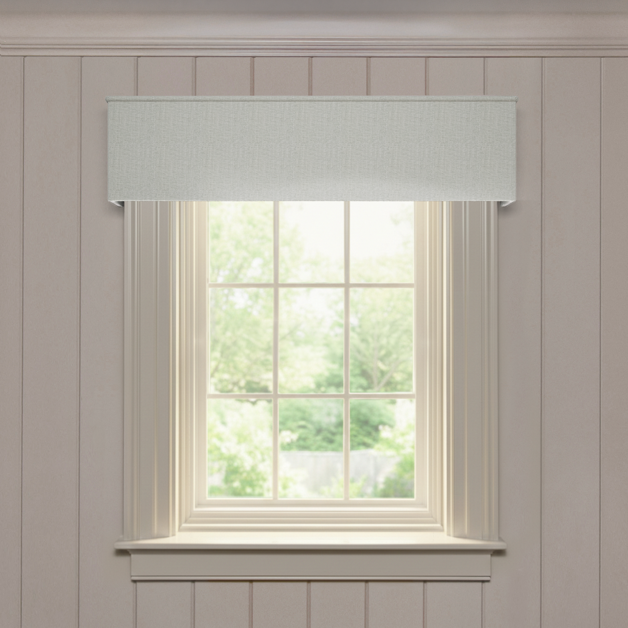 Sea Salt valance in classic performance woven fabric, custom made-to-order with short lead times, crafted in the USA quality design