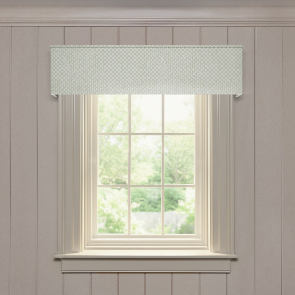 Quinn Eucalyptus Classic valance in soft printed cotton with subtle botanical pattern above bright window