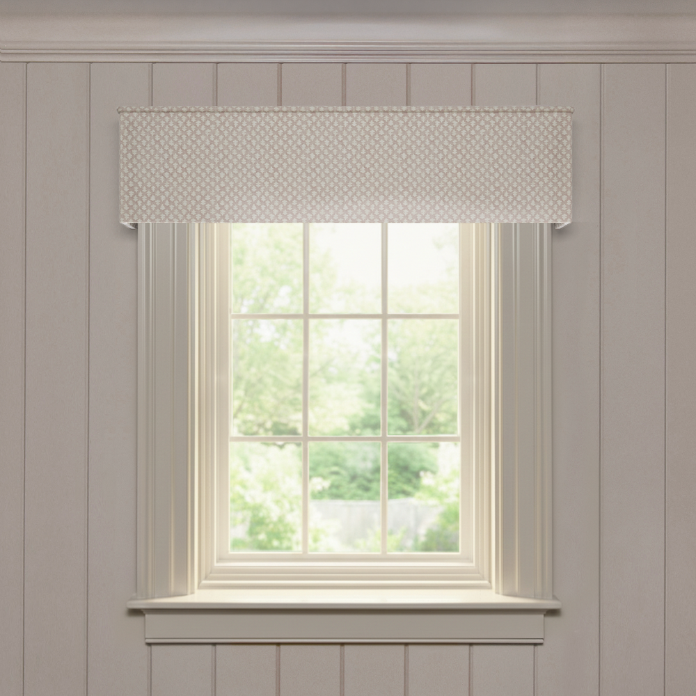 Quinn Mushroom Classic valance in textured fabric with subtle pattern above a bright window in a neutral room