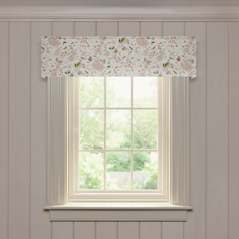 Gemma Rose Classic made-to-order valance in soft linen with delicate floral and bird pattern for a fresh touch