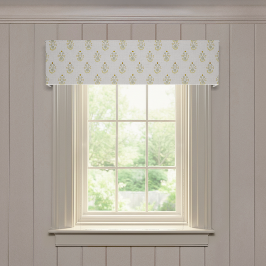 Lucie Chamomile Classic made-to-order window valance in printed linen fabric, quick delivery, made in the USA quality