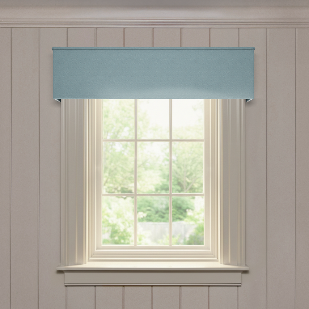 Harbor Classic custom valance in soft blue linen with a clean, tailored design for an elegant made-to-order window treatment