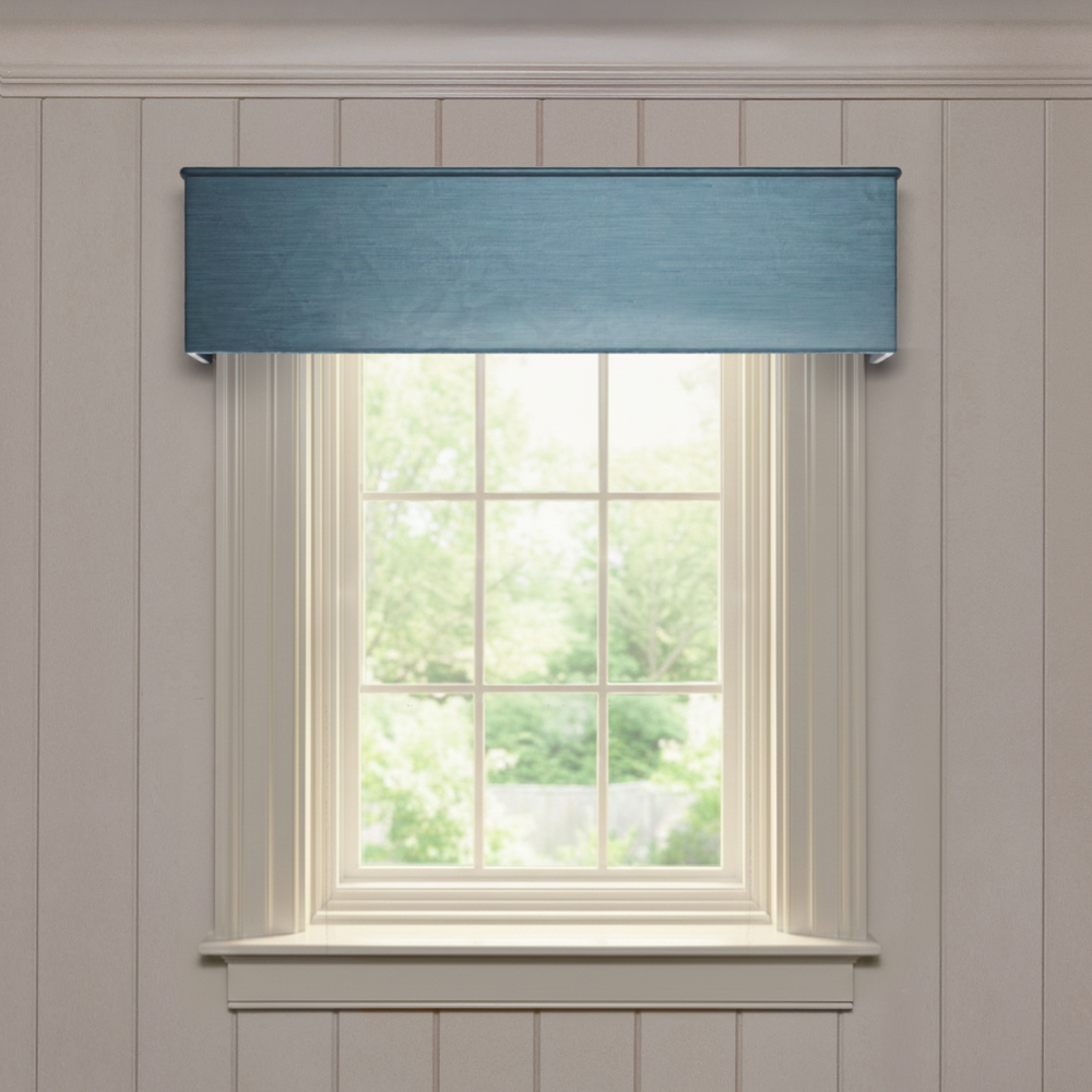 Aegean Classic solid silk valance in blue, made-to-order with short lead times, crafted and manufactured in the USA