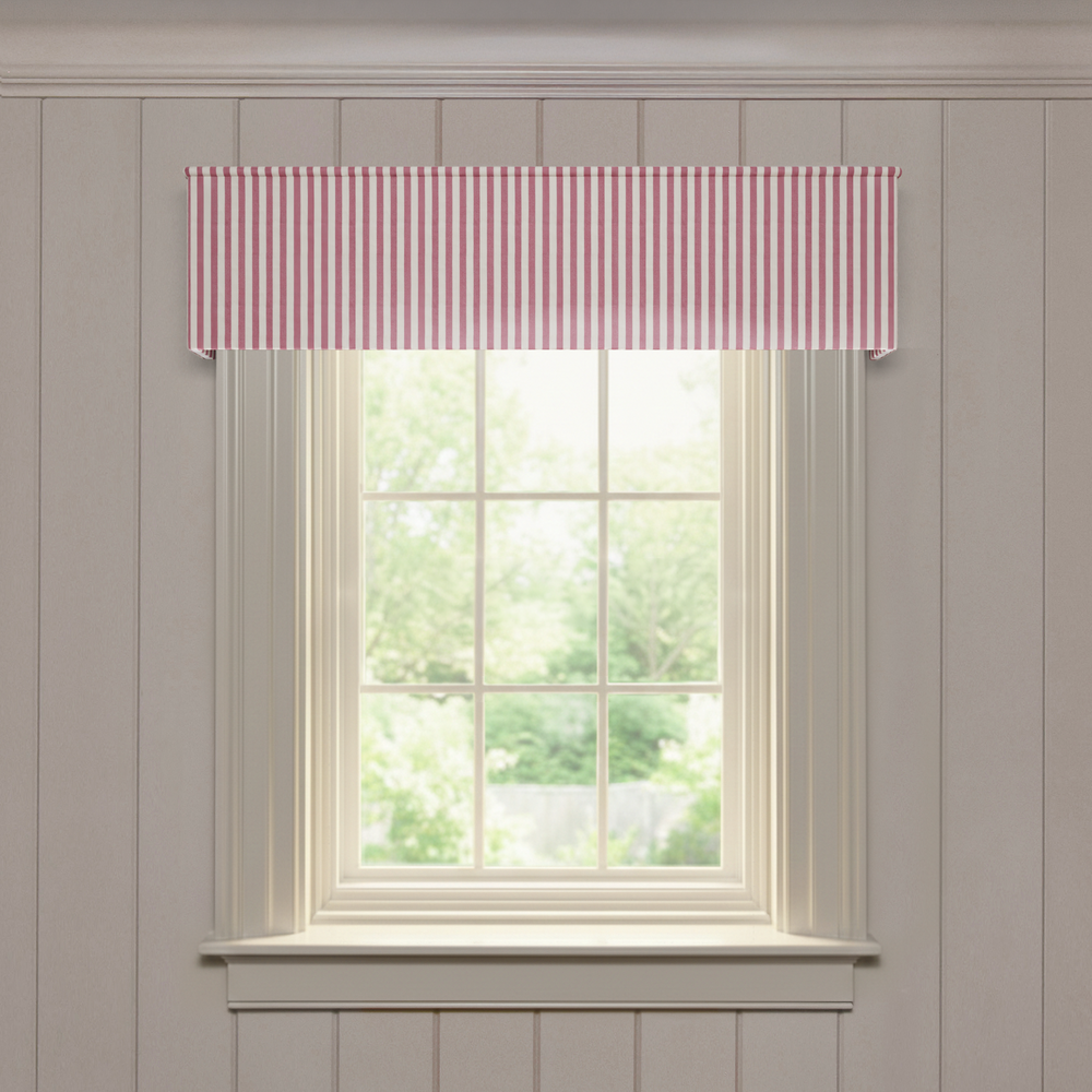 Louisa Cranberry Classic tailored valance in red and white stripes, offering a quality fast made-to-order window treatment