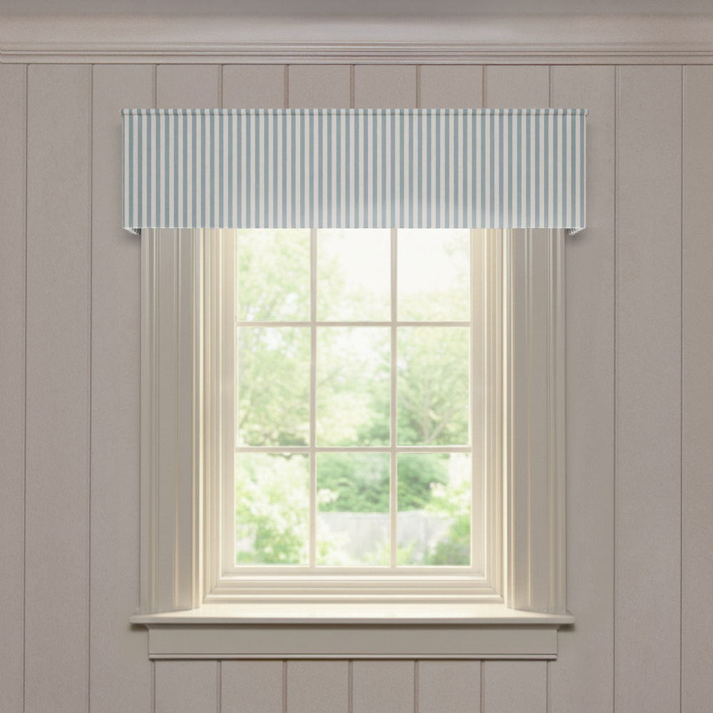 Louisa Harbor Classic tailored valance in soft blue stripes, offering a fast, quality made-to-order window treatment option