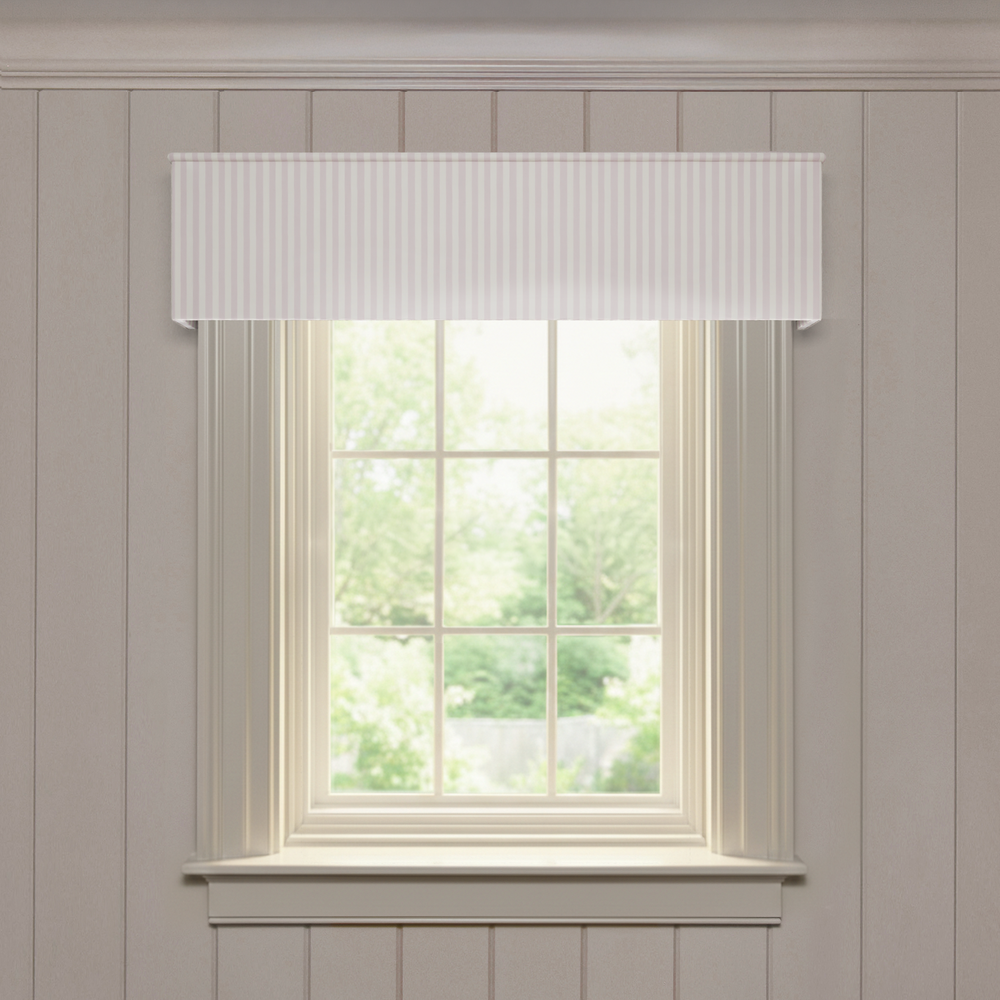 Louisa Petal Classic tailored valance in soft woven fabric with subtle stripes, a fast custom made-to-order window treatment