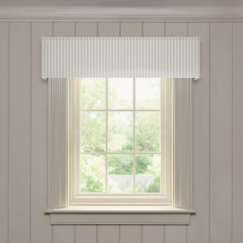 Louisa Sage Classic tailored valance in subtle sage stripes, crafted for a quality fast made-to-order window treatment solution