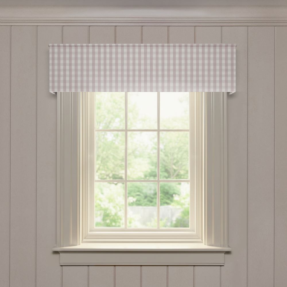 Millie Orchid Classic made-to-order valance in soft orchid gingham, designed for a quality custom window treatment solution