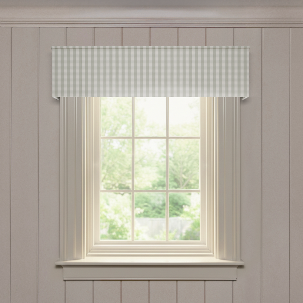 Millie Sage valance in soft sage gingham pattern, offering a customizable, made-to-order window treatment option.