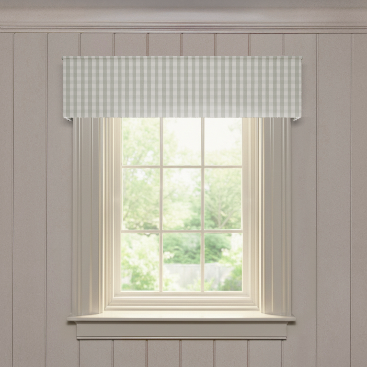 Millie Sage valance in soft sage gingham pattern, offering a customizable, made-to-order window treatment option.