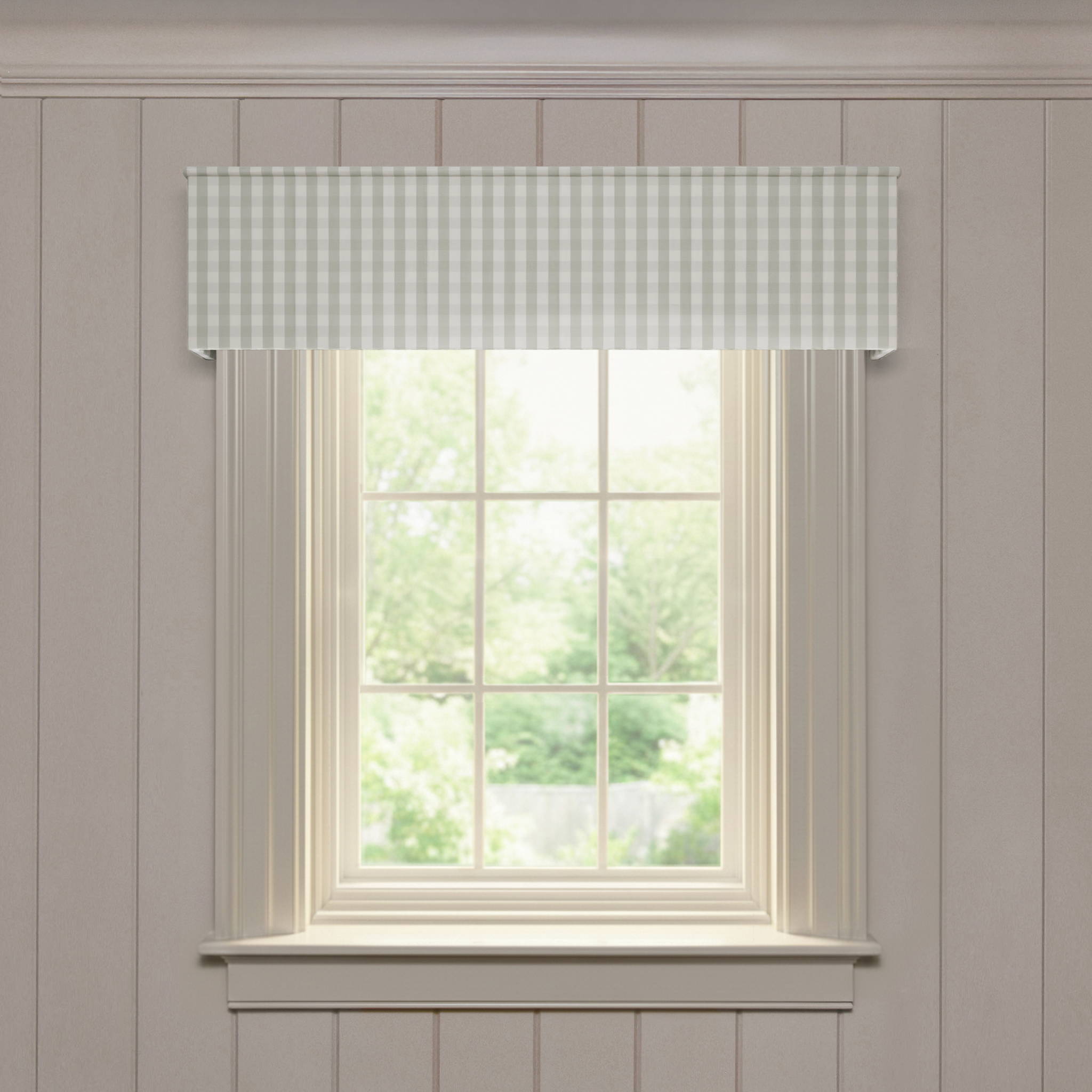 Millie Sage valance in soft sage gingham pattern, offering a customizable, made-to-order window treatment option.