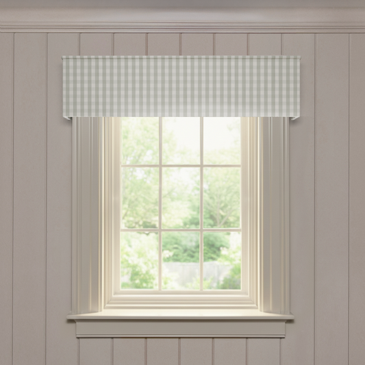 Millie Sage valance in soft sage gingham pattern, offering a customizable, made-to-order window treatment option.