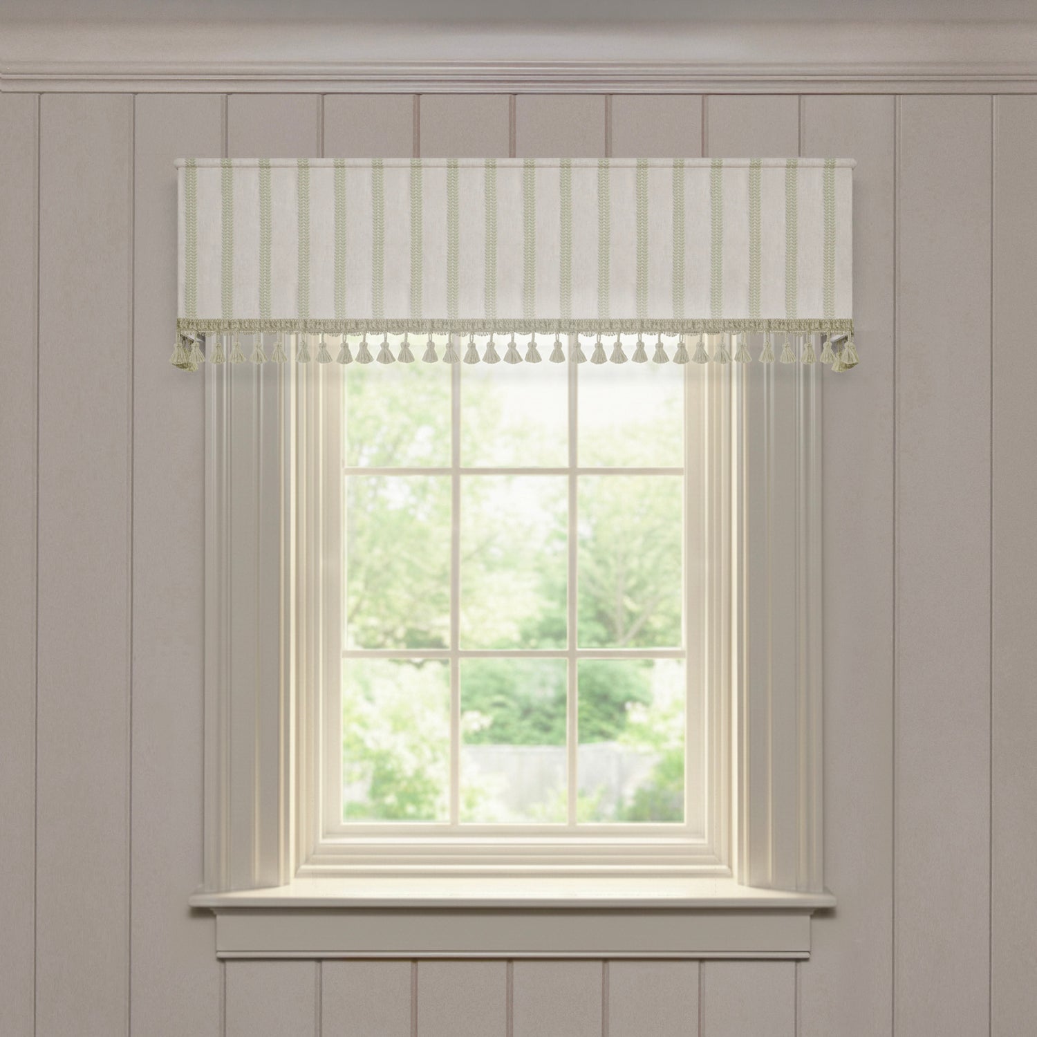 Vivienne tailored valance in pistachio striped fabric with tassel trim, a quick custom made-to-order window treatment