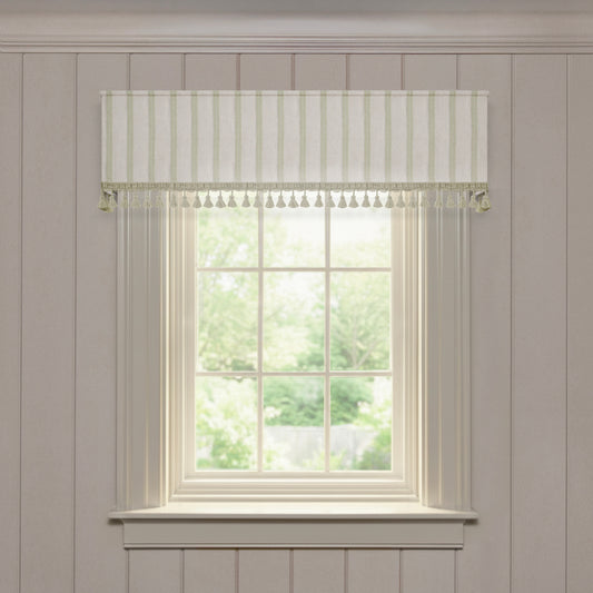 Vivienne tailored valance in pistachio striped fabric with tassel trim, a quick custom made-to-order window treatment