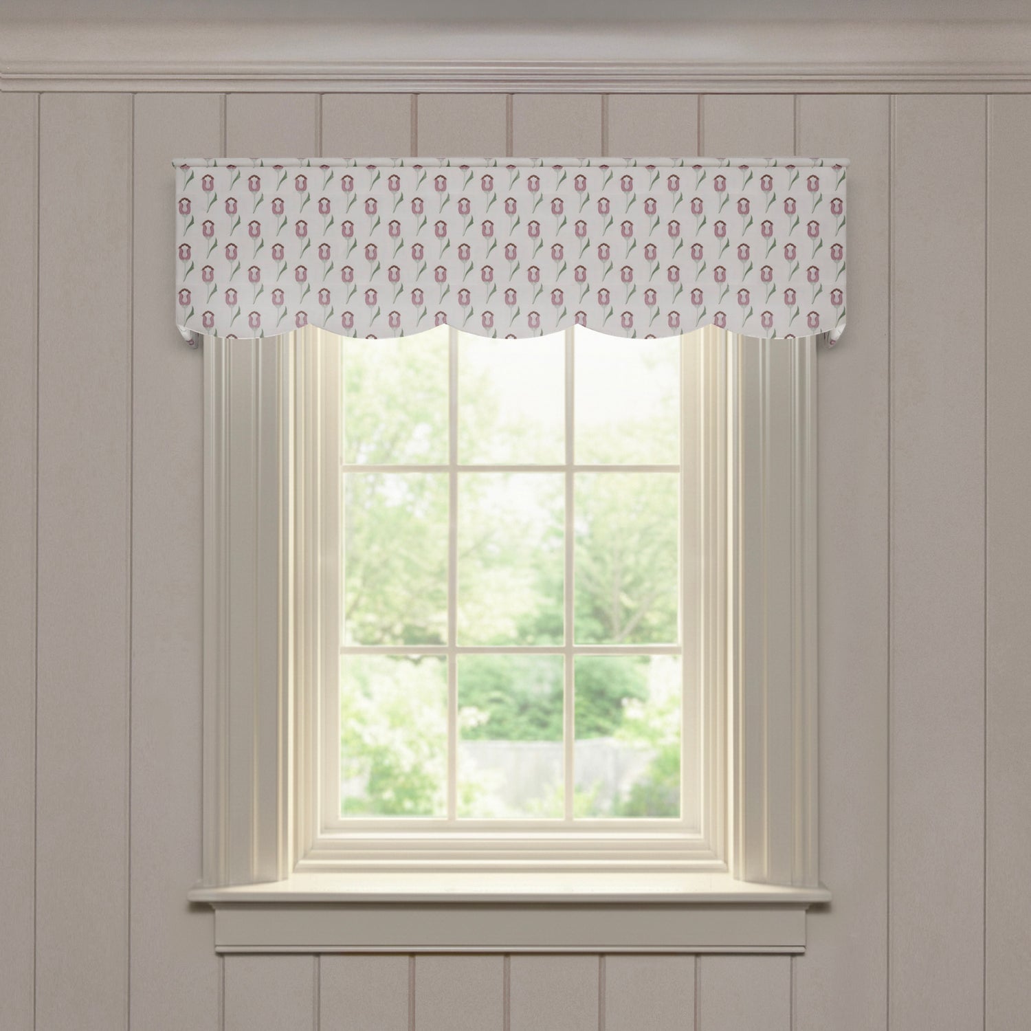 Annabelle Orchid Scalloped valance in printed cotton fabric with soft floral design, a quality quick custom window treatment
