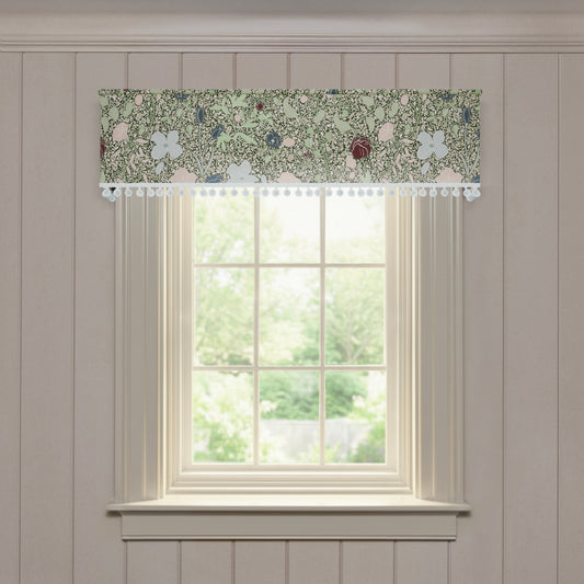 Matilda made-to-order valance in printed cotton with floral and leafy pattern, trimmed with delicate pom-pom fringe