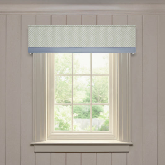 Quinn Eucalyptus valance in soft printed cotton with geometric pattern and solid trim over bright window in neutral room