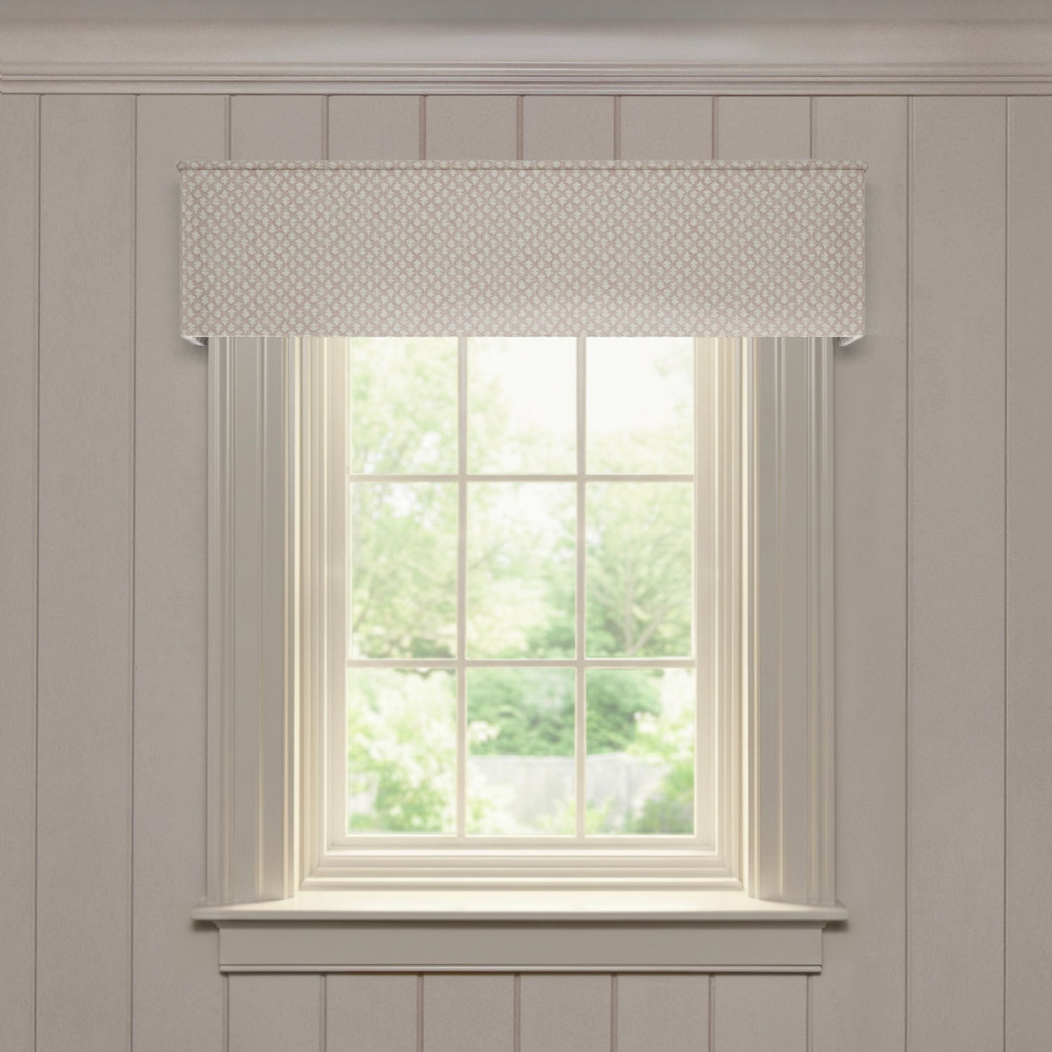 Quinn Mushroom valance in custom made-to-order fabric with subtle dotted pattern above bright window in neutral room