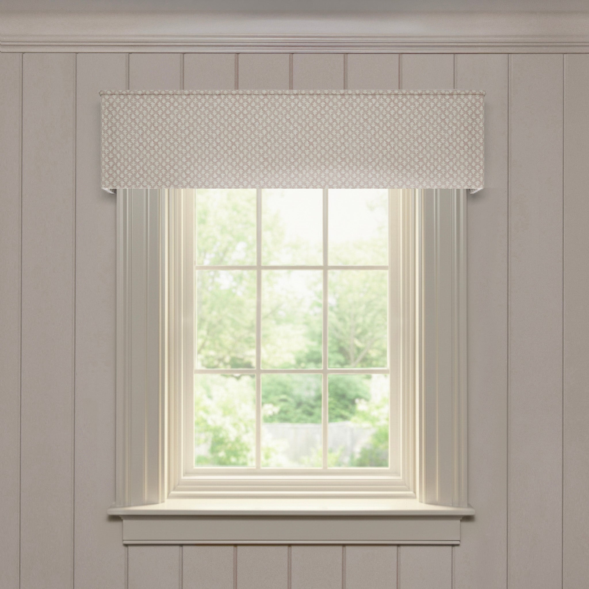 Quinn Mushroom valance in custom made-to-order fabric with subtle dotted pattern above bright window in neutral room