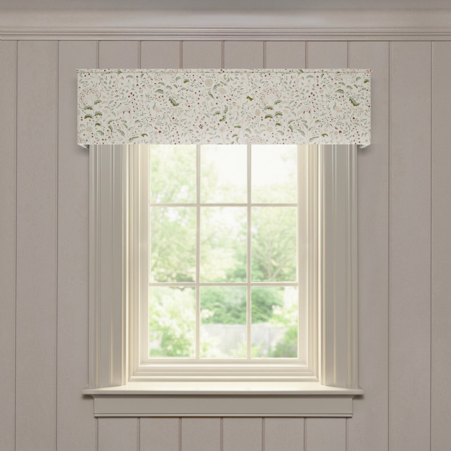 Ruby Moss made-to-order valance in soft printed cotton with a delicate floral and leaf pattern, tailored edges