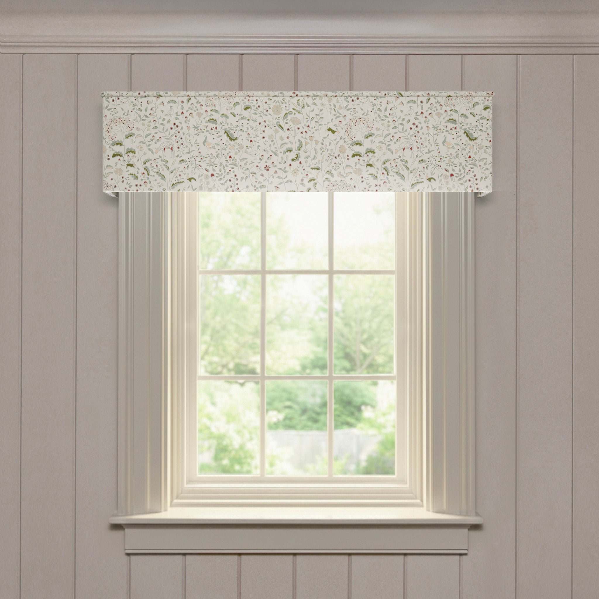 Ruby Moss made-to-order valance in soft printed cotton with a delicate floral and leaf pattern, tailored edges