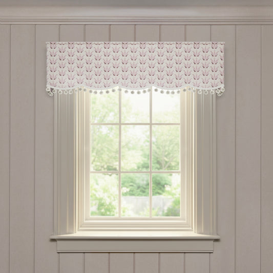 Serena Pink scalloped valance in printed cotton with a soft pink geometric pattern and pom-pom trim, made-to-order quality