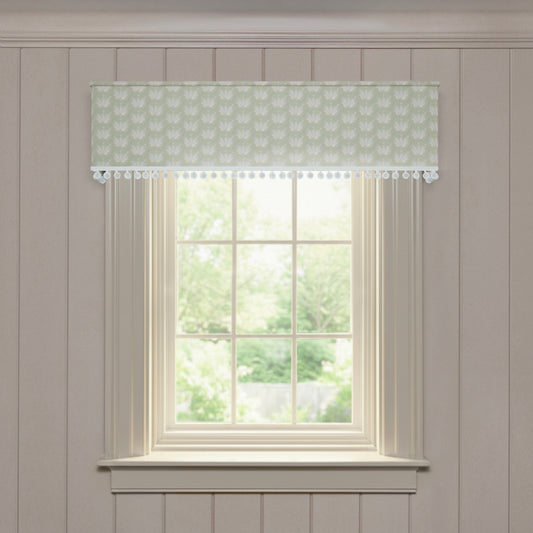 Serena Sea Salt made-to-order valance in soft printed cotton with subtle pattern and pom-pom trim