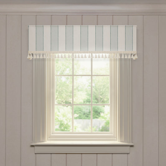 Florence Eucalyptus made-to-order valance in soft striped fabric with tassel trim for a refined, custom window treatment