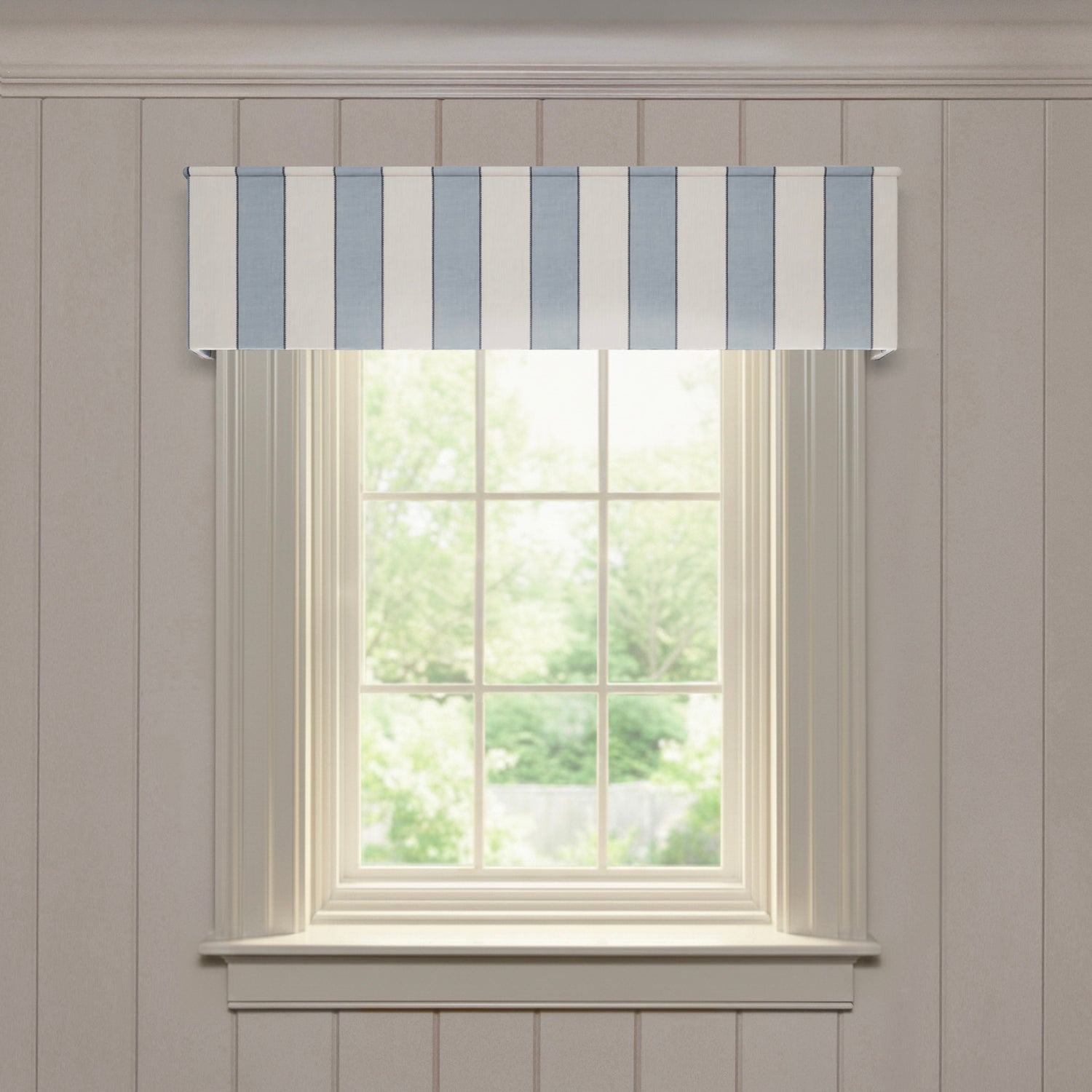 Florence Harbor Classic made-to-order valance in striped linen with a clean, tailored design for custom window dressing