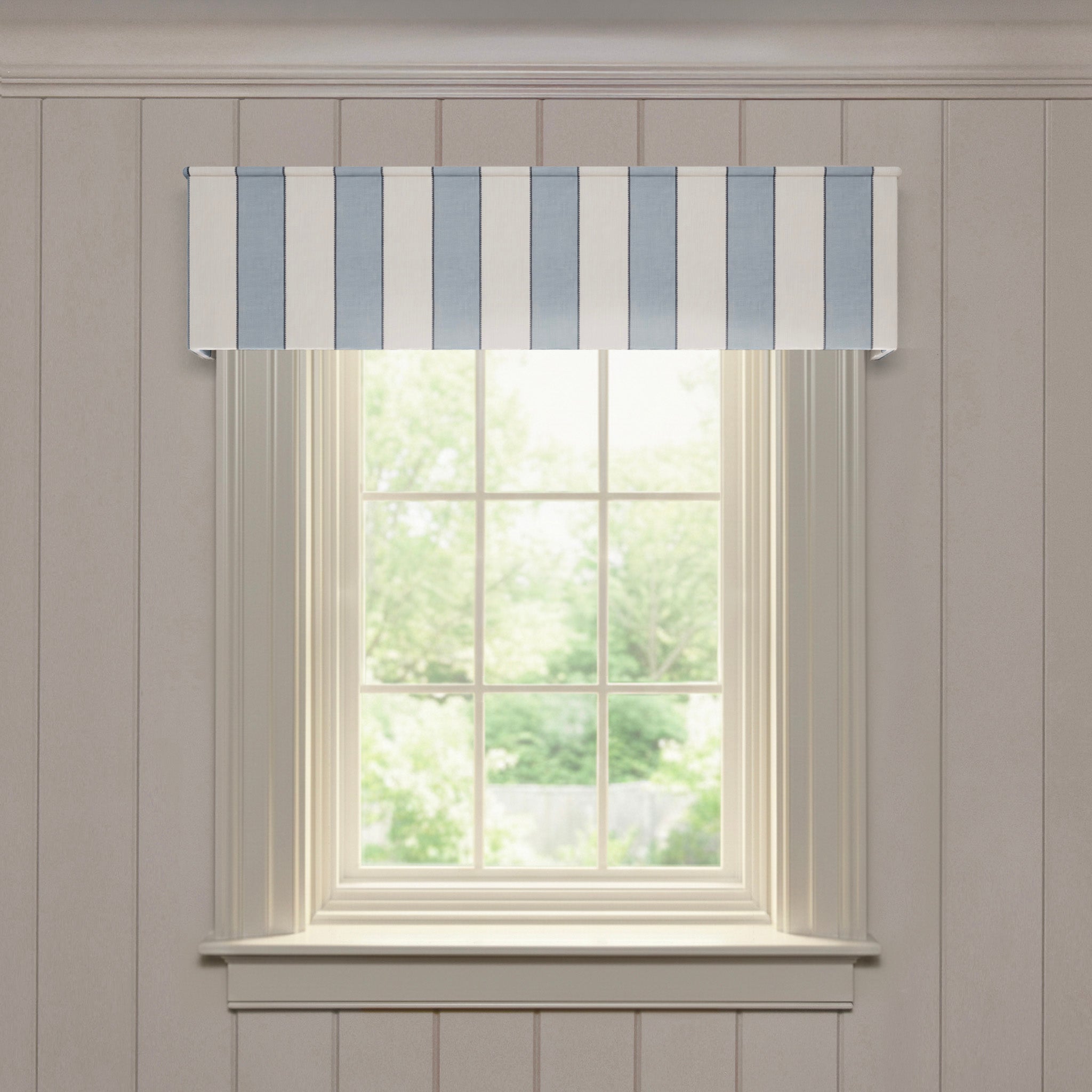 Florence Harbor Classic made-to-order valance in striped linen with a clean, tailored design for custom window dressing
