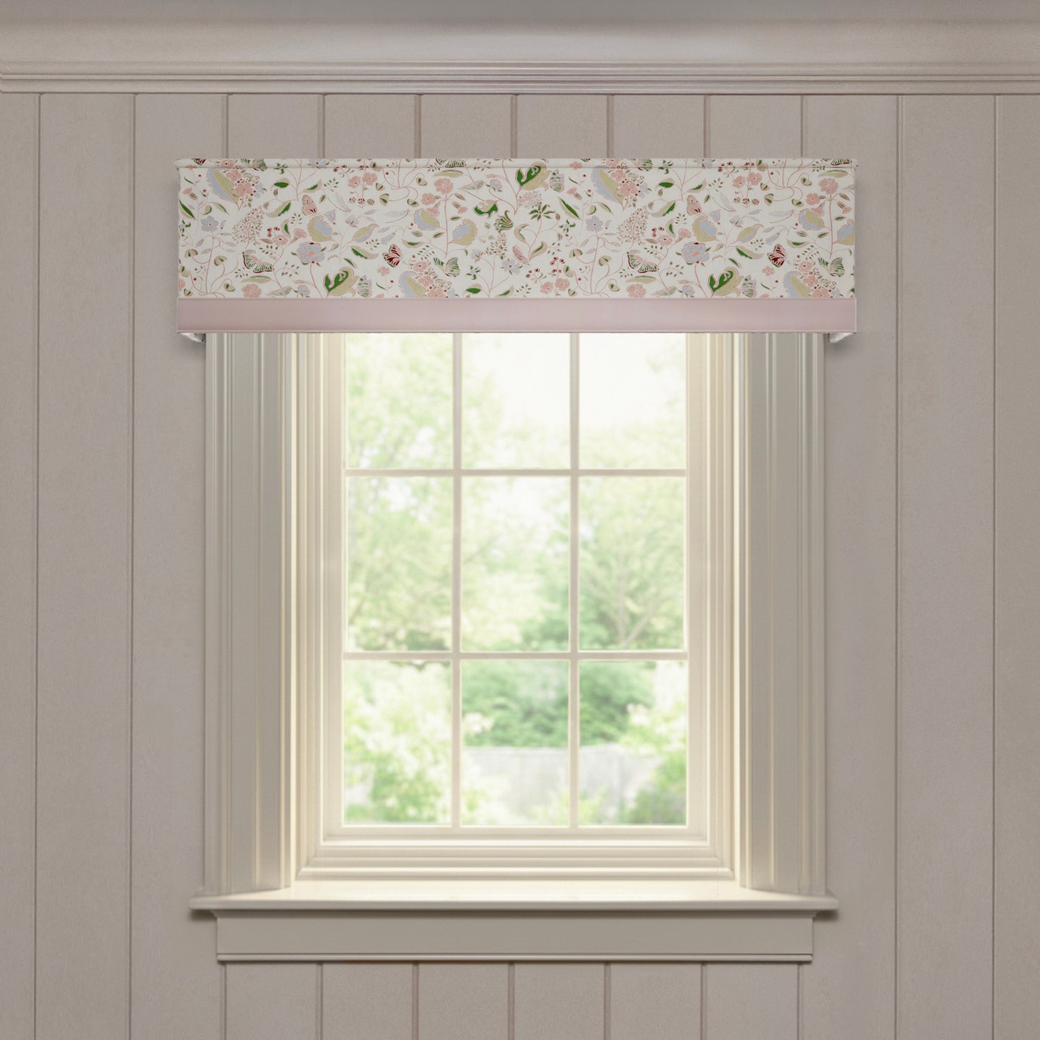 Gemma Rose custom valance in printed linen with soft floral and bird motifs for a fresh, made-to-order window treatment