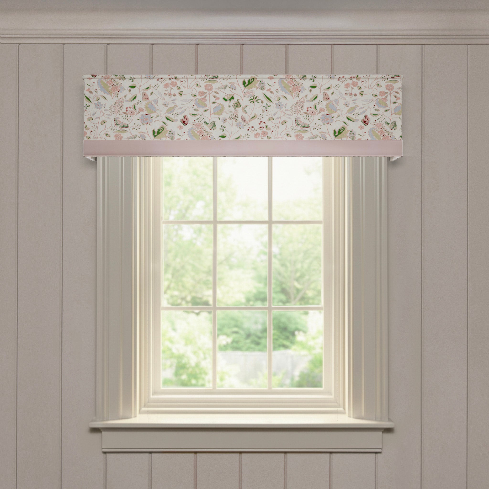 Gemma Rose custom valance in printed linen with soft floral and bird motifs for a fresh, made-to-order window treatment