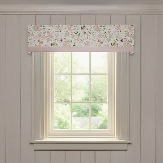Gemma Rose custom valance in printed linen with soft floral and bird motifs for a fresh, made-to-order window treatment