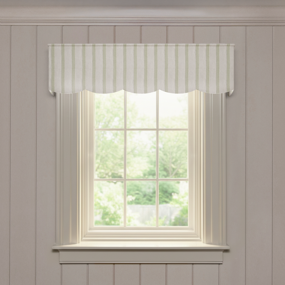 Vivienne Scalloped valance in soft green stripes, a custom made-to-order window treatment with quality craftsmanship