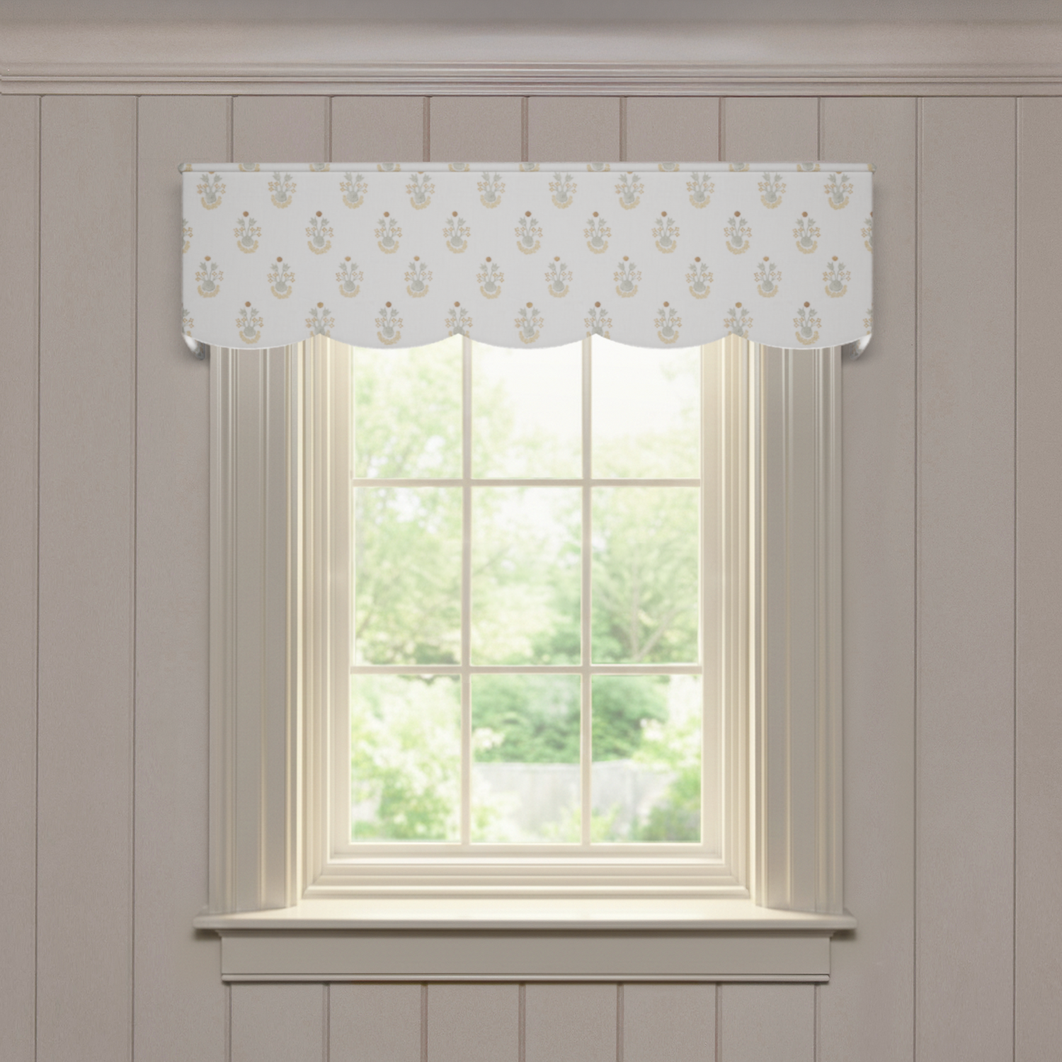 Lucie Chamomile Scalloped made-to-order valance in printed cotton with fast turnaround, crafted in the USA quality