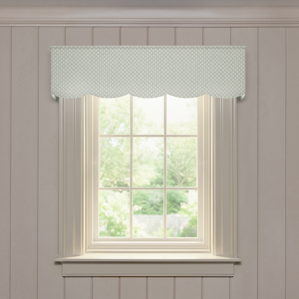 Quinn Eucalyptus Scalloped valance in soft cotton with subtle textured pattern framing a bright window in neutral room