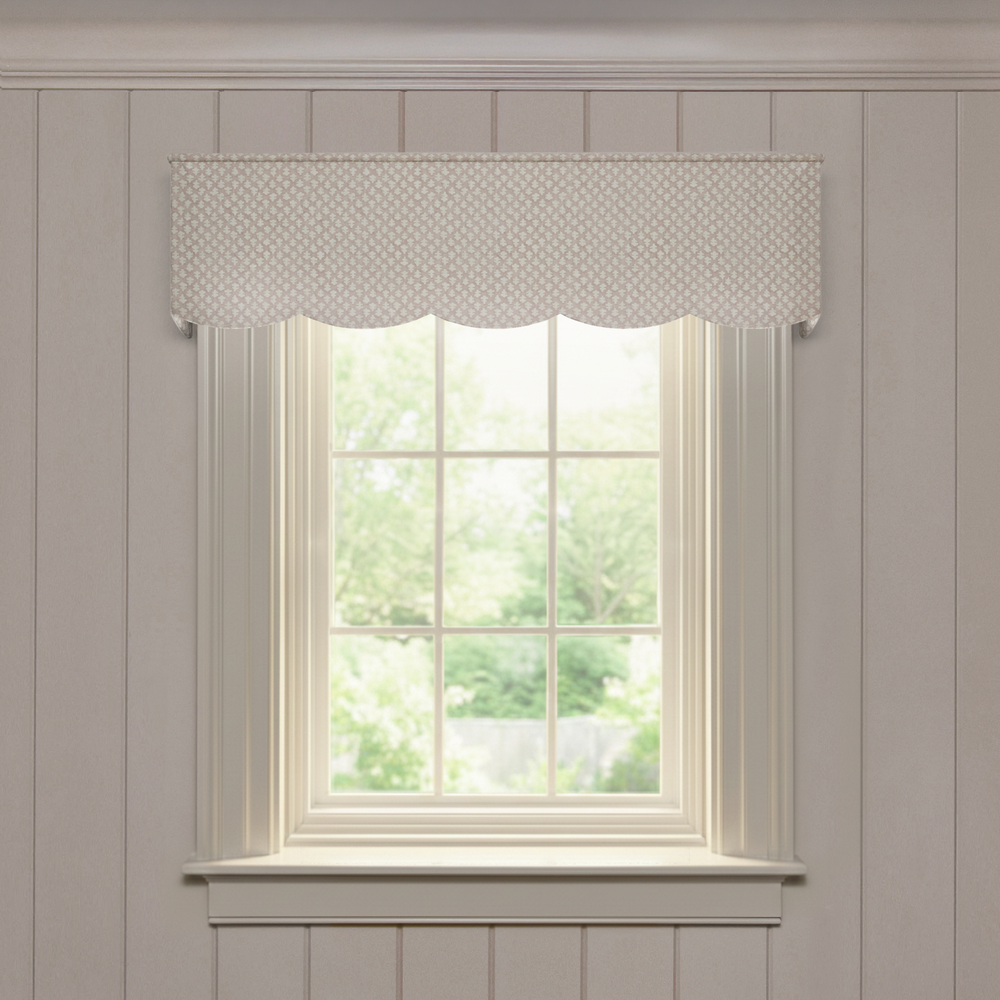 Quinn Mushroom Scalloped valance in textured cotton with scalloped edge above bright window in neutral room setting